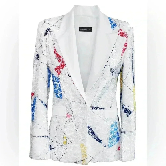 L'MOMO Women’s Abstract Sequin Lace Blazer with White Lapel Size 8 NWT - Picture 1 of 16